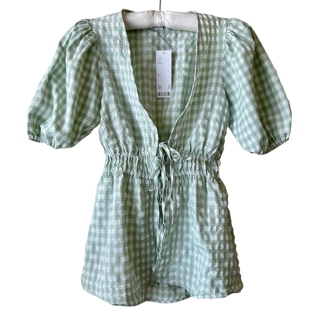 Urban Outfitters Check Top Tie Front Vneck Puff Sleeves Cinch Waist Size XS NWT